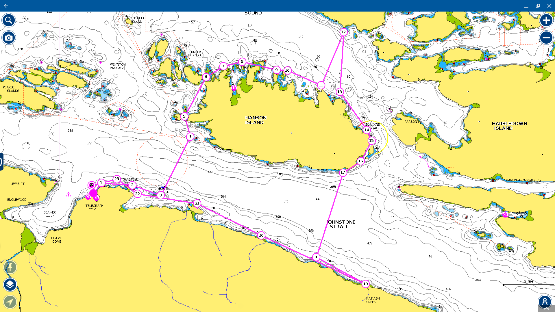 circumnavigation of Hanson Island map